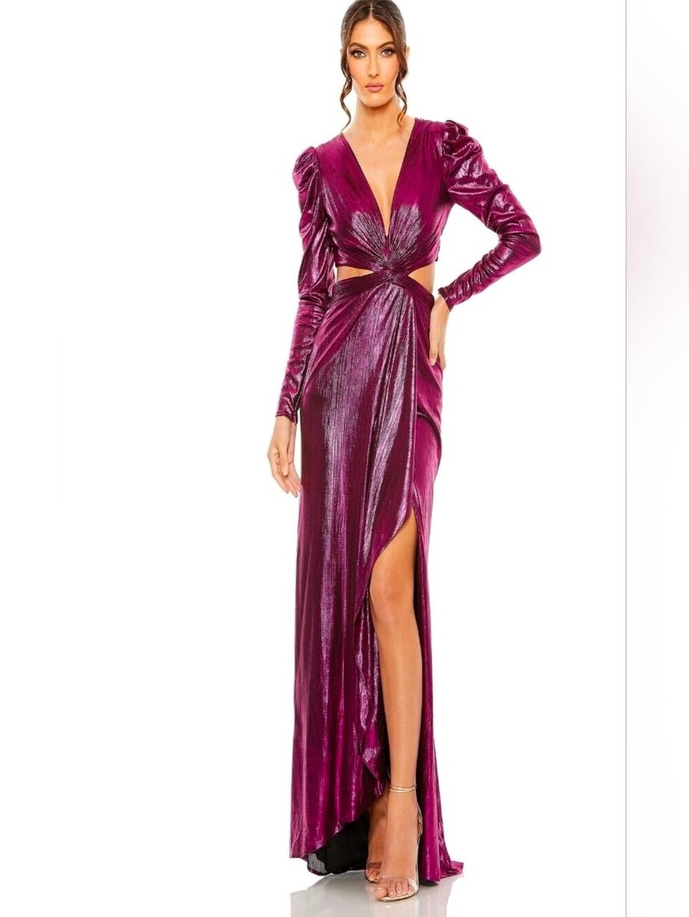 NWT Mac Duggal 27060 Princess Sleeve Cut Out Metallic Gown Fuchsia Size 2